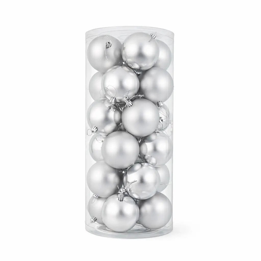 Karácsonyi díszek készlete ezüst 8 cm-es műanyag gömbök, 12× fényes, 12× matt, 24 db-os csomagban