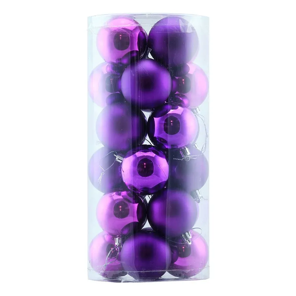 Karácsonyi díszek készlet lila 8 cm-es műanyag gömbök, 12× fényes, 12× matt, 24 db-os csomagolásban