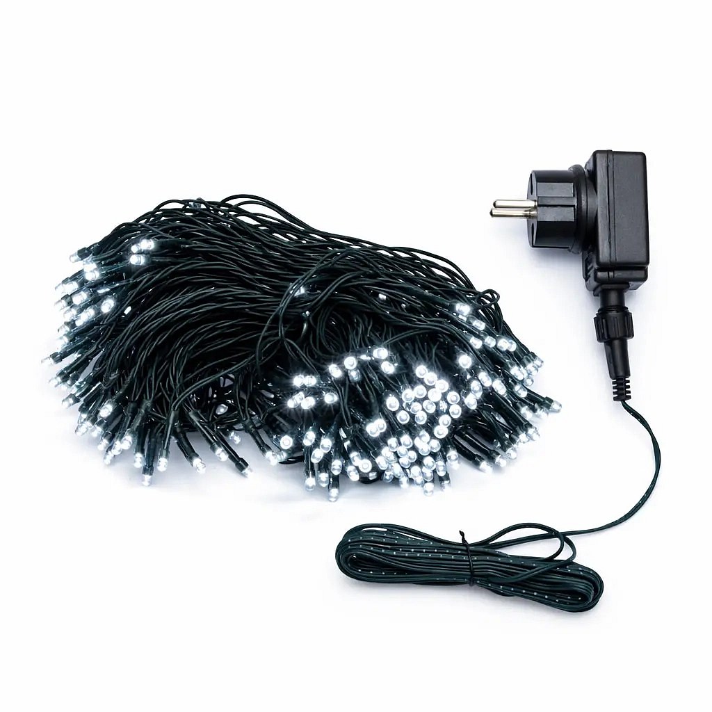 LED fényfüzér, kültéri, 20 m, jégfehér, 100 LED, fekete kábel, IP44, tápegységgel együtt