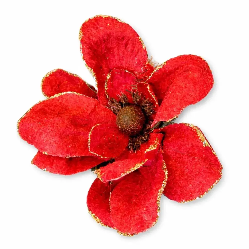 Díszítés művirág tüskével, piros, 20 cm, szövet