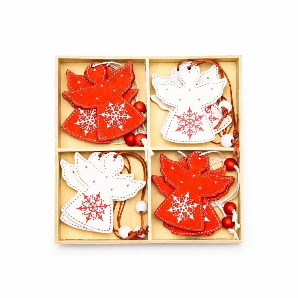 Karácsonyi fa díszek készlet angyalka 5 × 6 cm, piros és fehér, 12 darabos csomagban