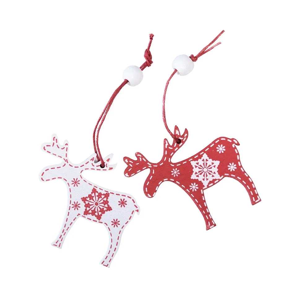 Fából készült karácsonyi díszek rénszarvas 5 × 6 cm, piros és fehér, 12 darabos csomagolásban