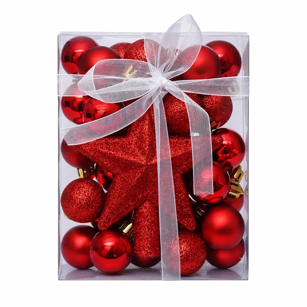 Karácsonyi díszek készlete piros 3 cm-es műanyag gömbök és csillogó tüskés csillag 10,5 cm, 29 darabos csomag, bannerek és tüske
