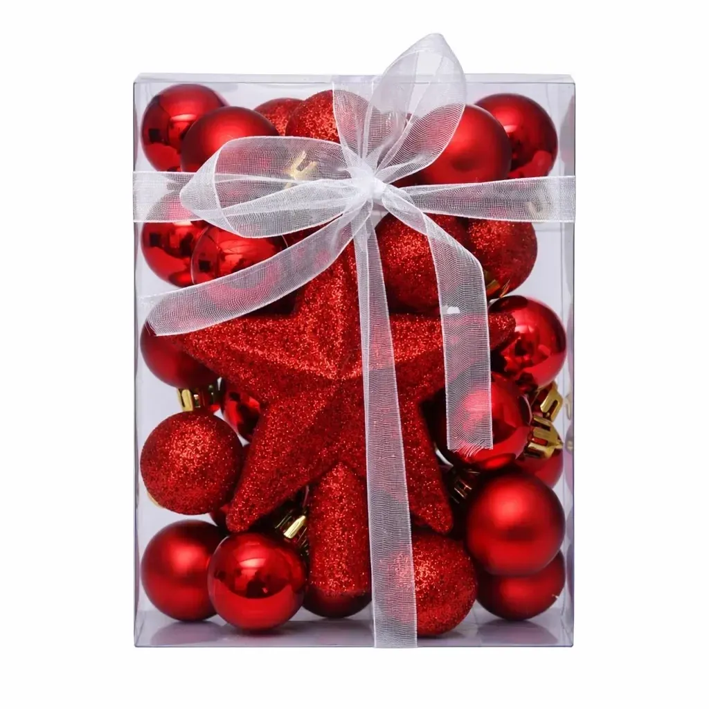 Karácsonyi díszek készlete piros 3 cm-es műanyag gömbök és csillogó tüskés csillag 10,5 cm, 29 darabos csomag, bannerek és tüske