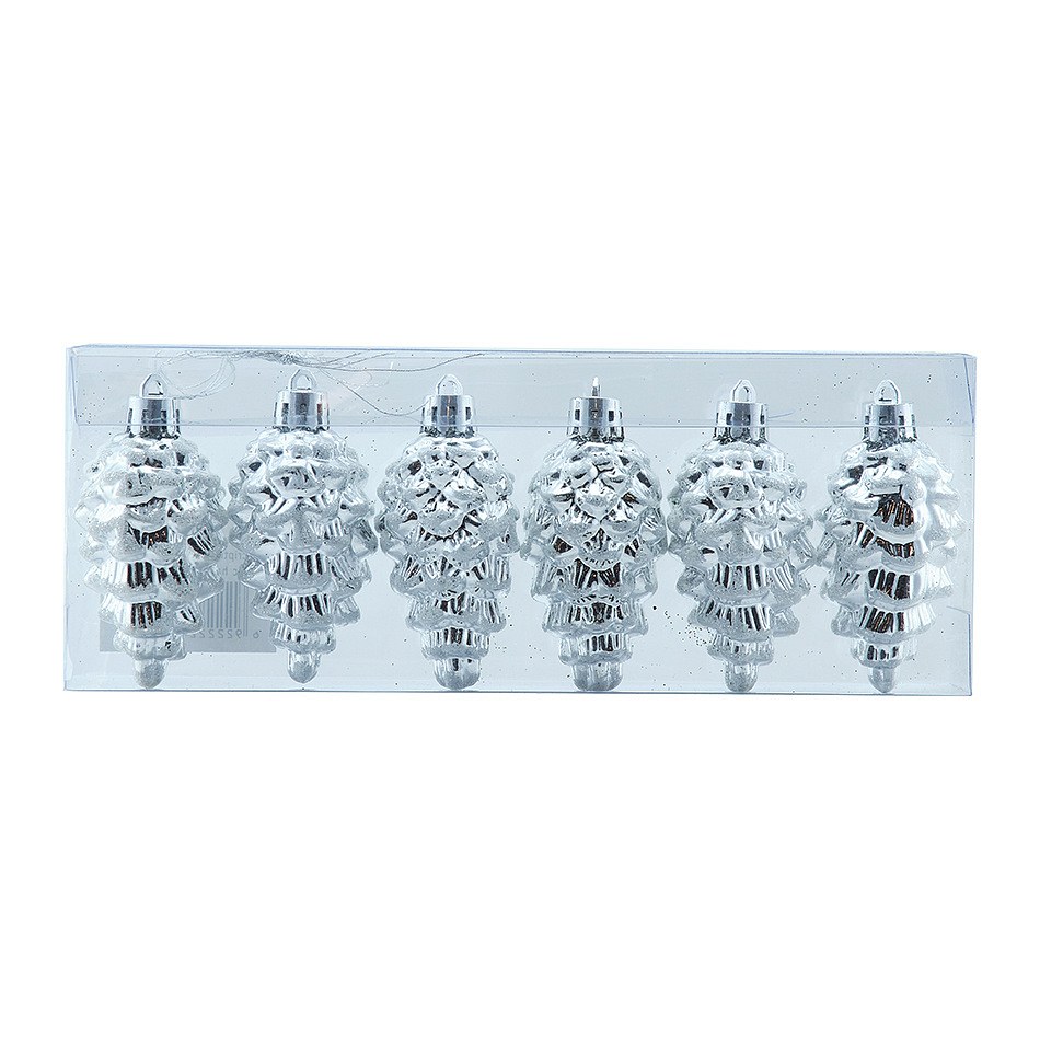 Karácsonyi kúp dísz 6 × 3,5 cm, fehér, műanyag, IP44 kültéri, 6 darabos csomagban