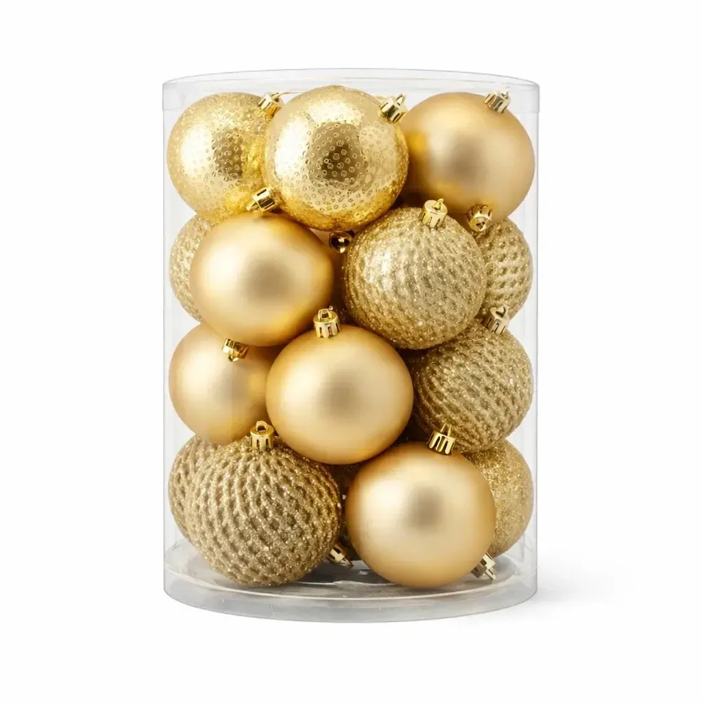 Karácsonyi díszkészlet arany 8 cm-es műanyag lombik, 4× ráncos, 4× matt, 4× csillámos, 16 db-os csomagban