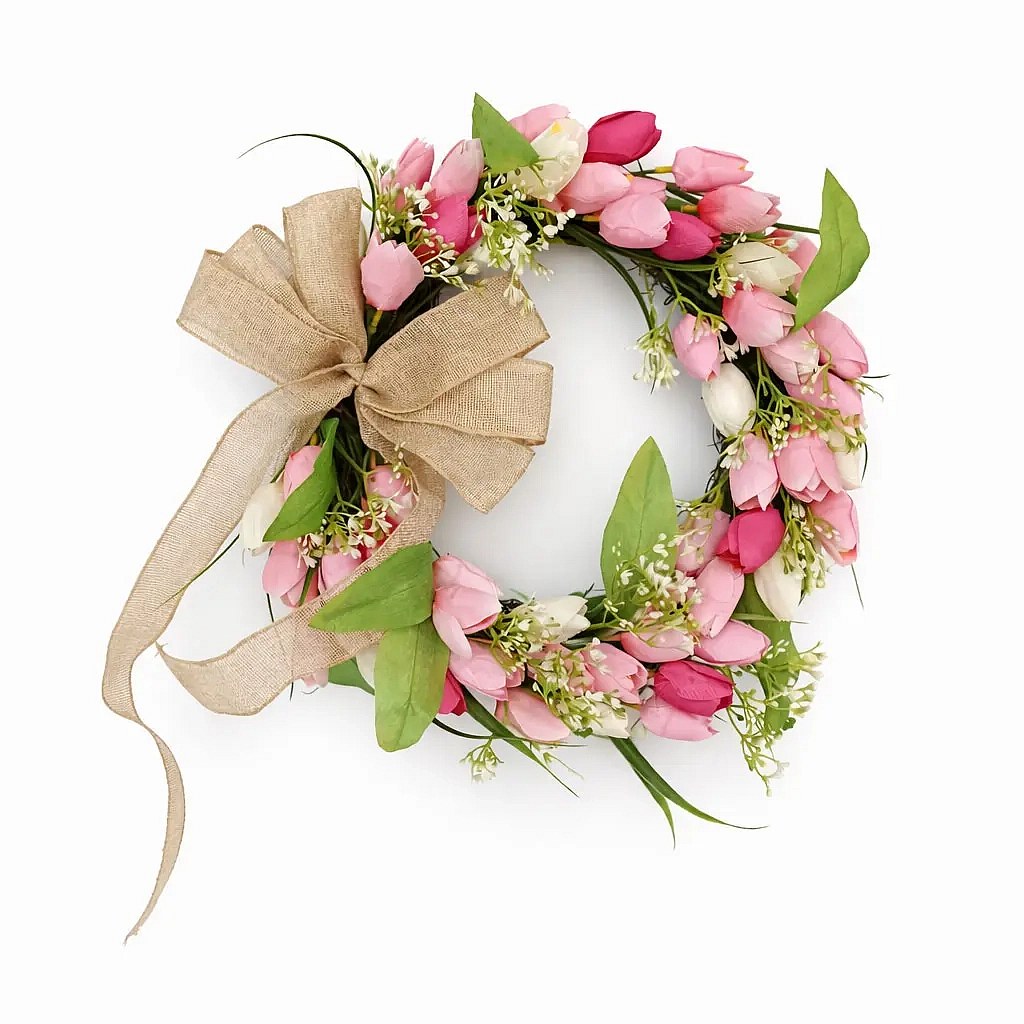 Tavaszi dekoráció tavaszi koszorú ajtóra, tulipánok, Ø 45 cm, kültérre