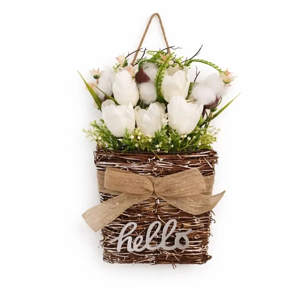 Tavaszi dekoráció fehér virágok 23 × 40 cm, fonott és műanyag, IP44, kültéri használatra
