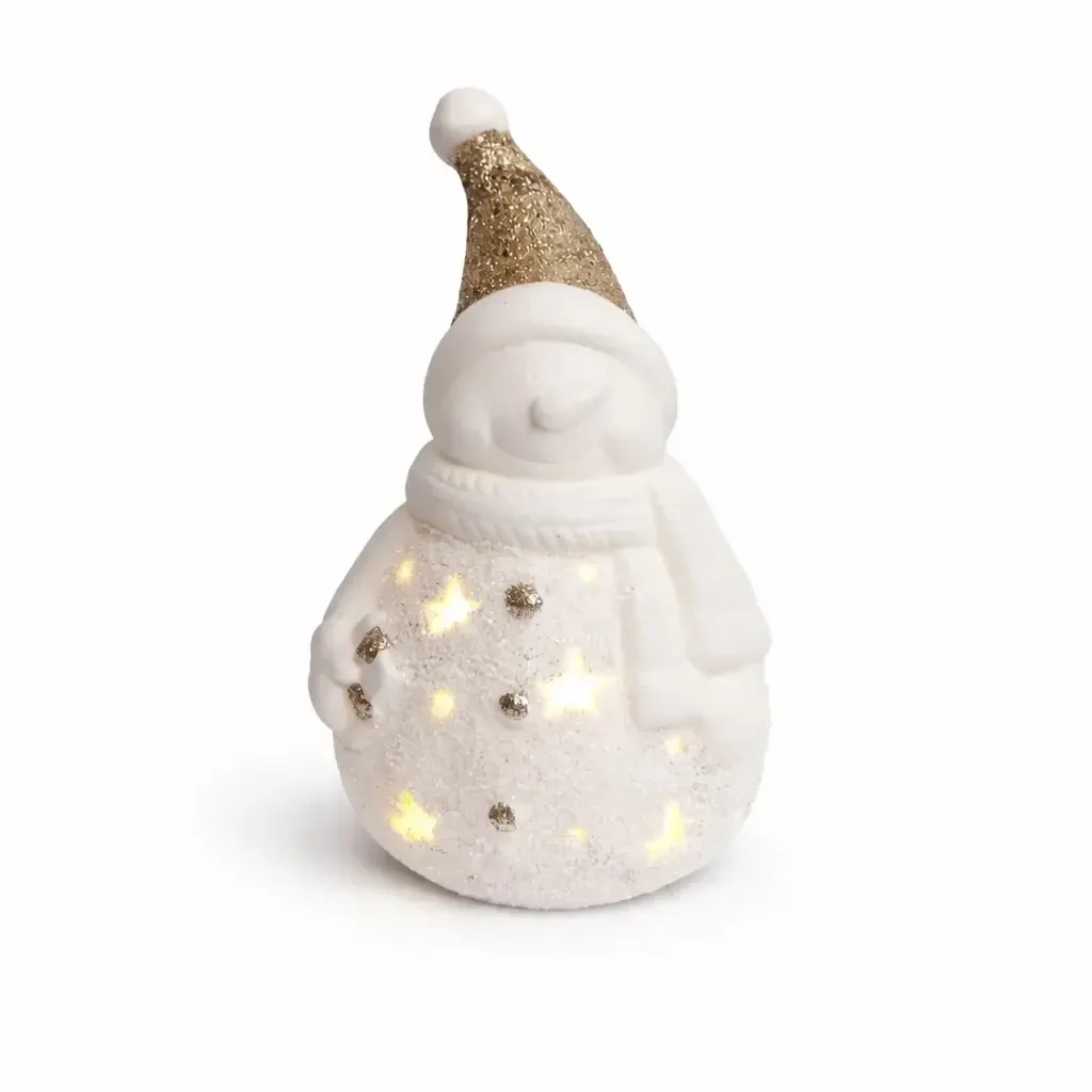 LED dekorációs kerámia hóember, 9,3 × 8,8 × 16,5 cm, meleg fehér, 2× LR44