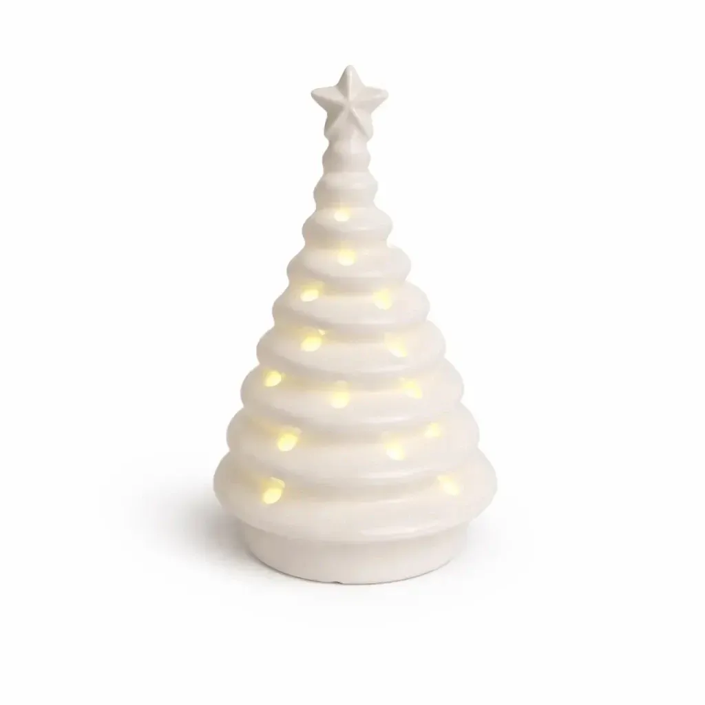 LED-es díszvilágítású kerámia karácsonyfa, 6,2 × 6,2 × 11,2 cm, meleg fehér, 2× LR44