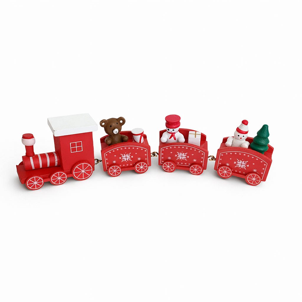 Dekorációs fa vonat három kocsival, 22,3 × 7,2 × 2,8 cm, piros színű