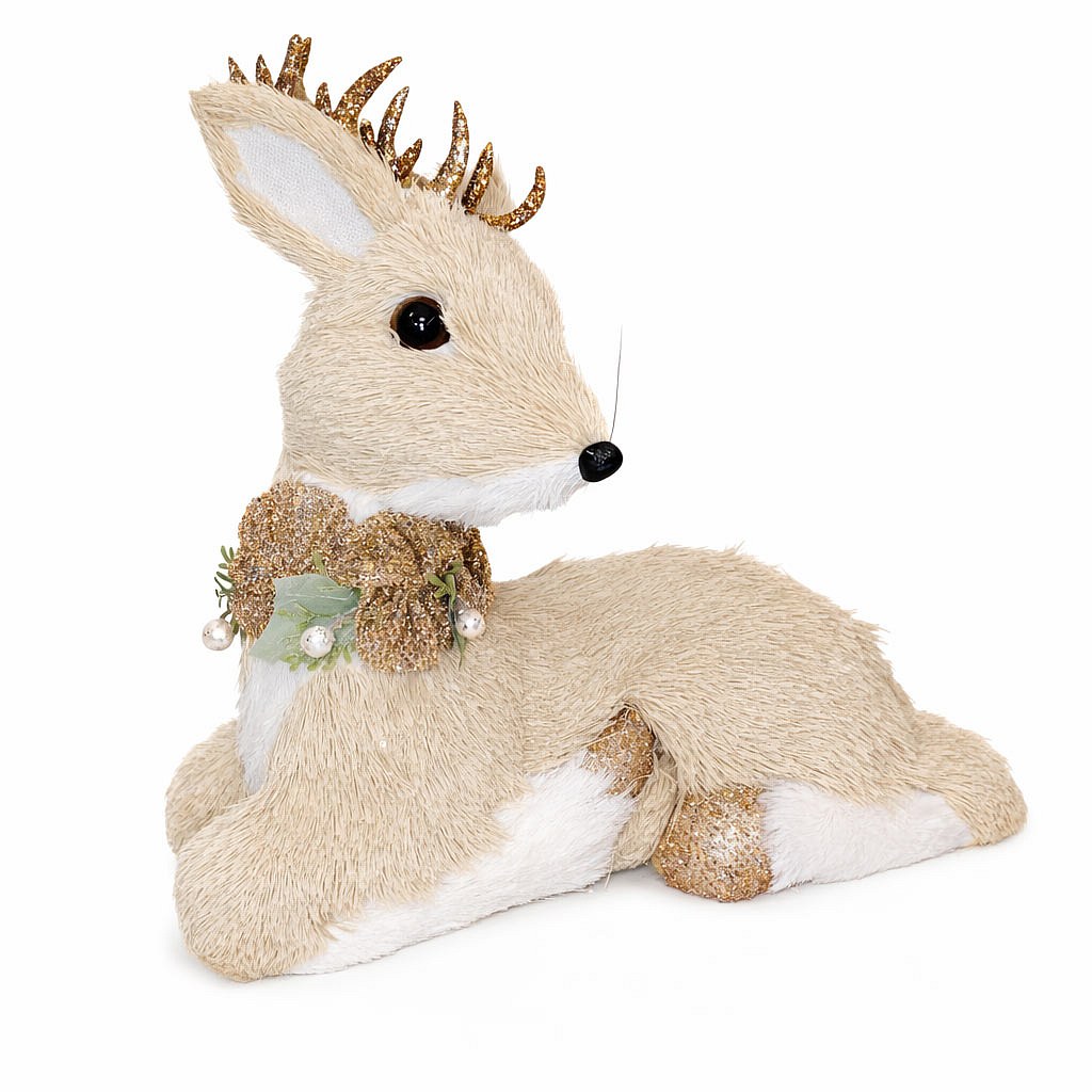 Szarvas díszítés, 30 × 15 × 26 cm, PVC és plüss, bézs színű