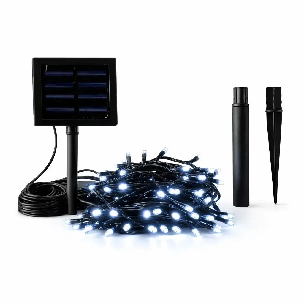Kültéri LED napelemes kerti lámpák, 5 m, jégfehér, 50 diódával, fekete kábel, IP44, napelem
