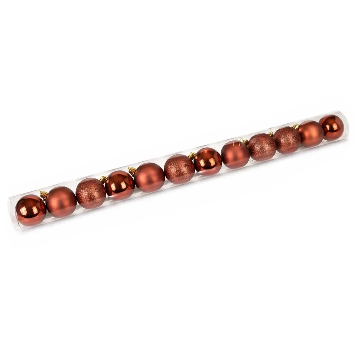 Karácsonyi dekorációs készlet réz 6 cm-es műanyag gömbök, 4× fényes, 4× matt, 4× csillogó, 12 darabos csomagban.