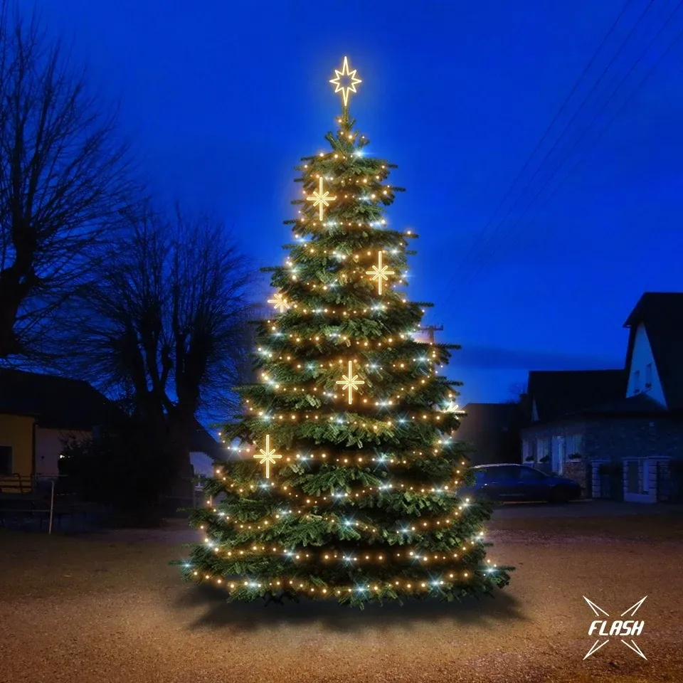 LED-világítószett 6–8 m magas karácsonyfákhoz, meleg fehér színű, villogó funkcióval, DZ113WS3 díszekkel