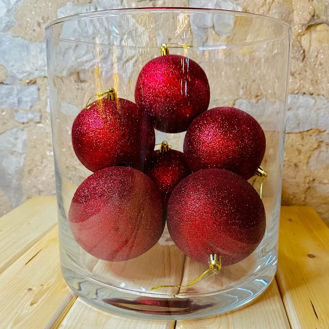 Műanyag gömb, átmérő: 10 cm, bordó, 6x csillám