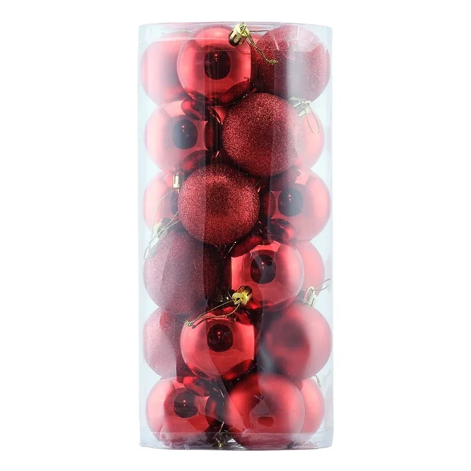 24 darabos műanyag gömbkészlet, átmérő: 6 cm, piros, 8 db fényes, 8 db matt, 8 db csillogó, 24 darabos csomag