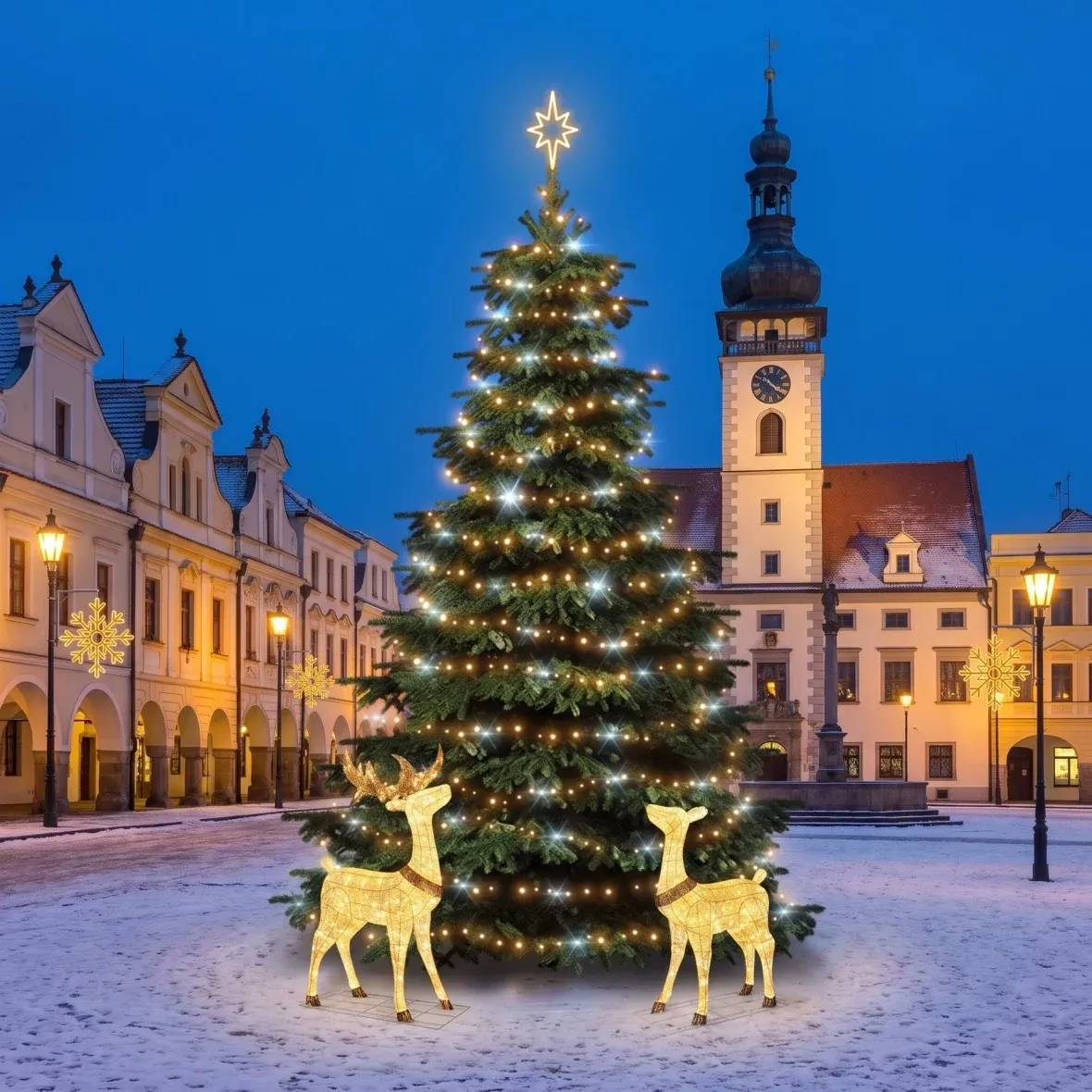 Karácsonyi díszkészlet önkormányzatok számára: „Velká vločka X” szarvasokkal és szarvastehénnel, 6–8 m-es „Flash” karácsonyfa, 8 db „Vločka X” közvilágításra, 150 cm-es 3D LED szarvas és szarvastehén, meleg fehér