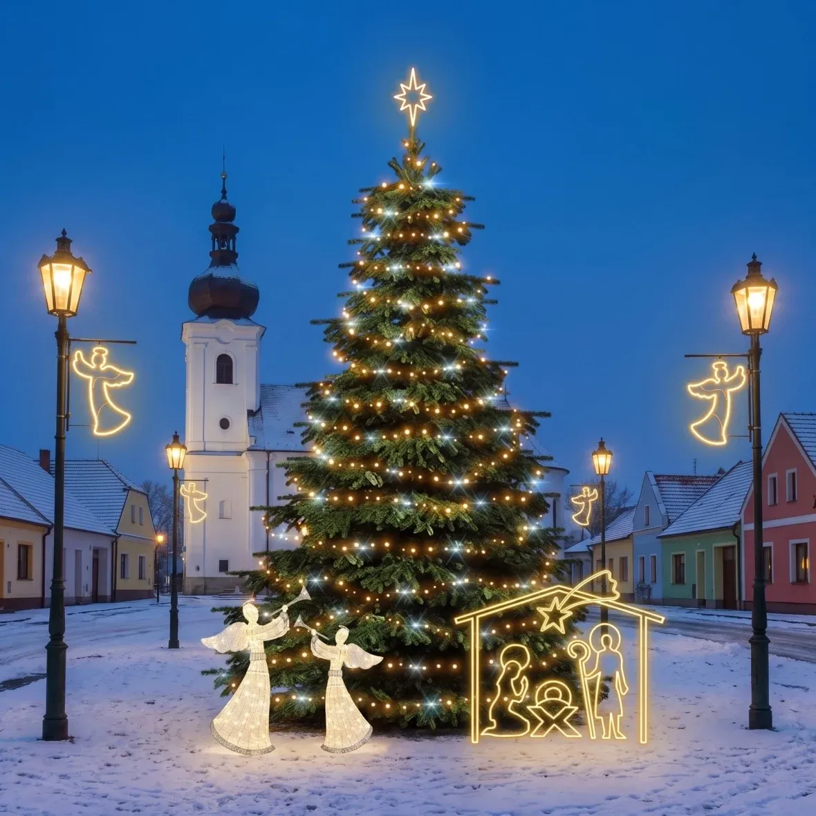 Karácsonyi díszkészlet önkormányzatok számára: angyalok és betlehemi jelenet, 6–8 m-es „Flash” karácsonyfa, 8 db közvilágításra szerelhető angyal, 2 db 122 cm-es 3D LED-angyal, 162 × 172 cm-es betlehemi jelenet, meleg fehér