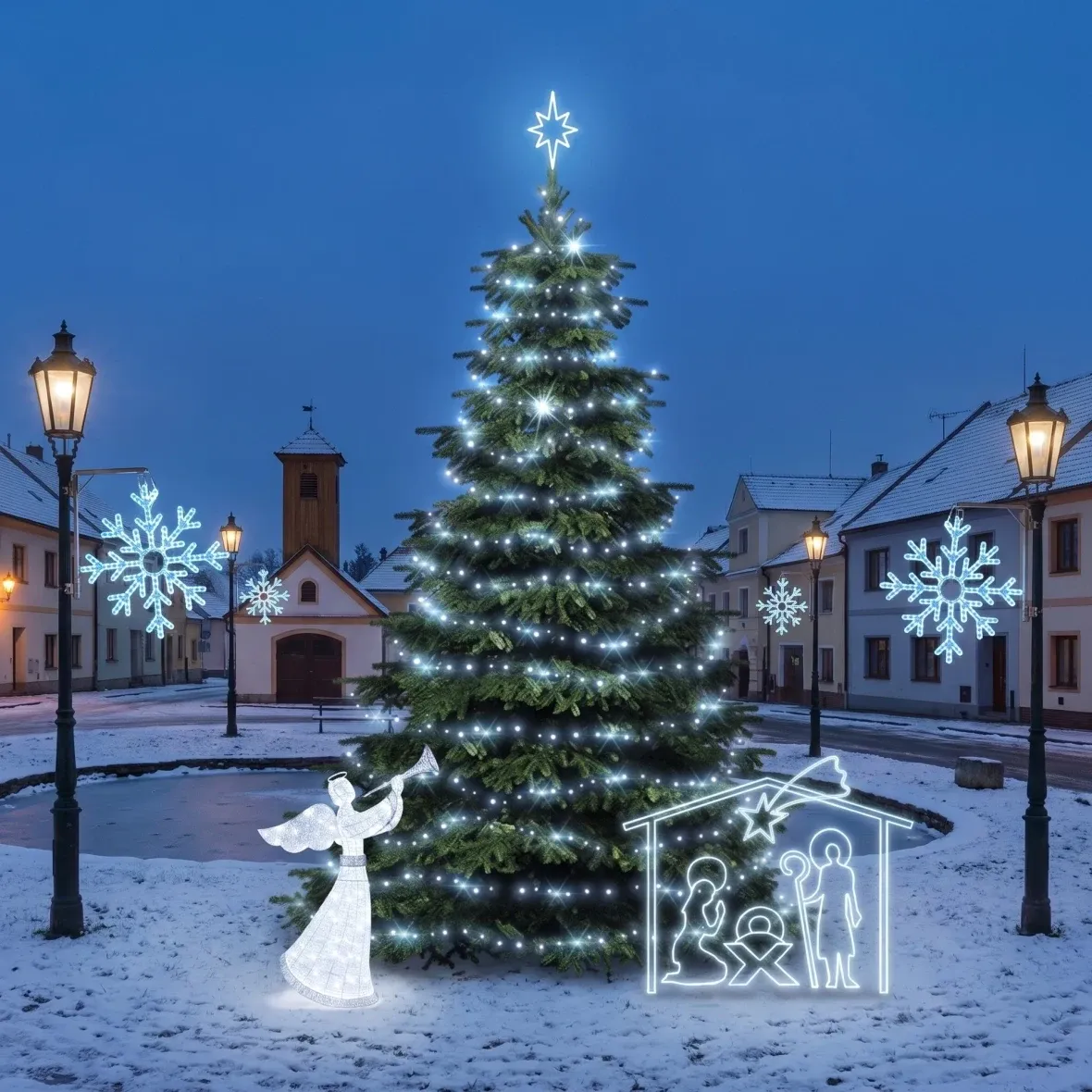 Karácsonyi készlet önkormányzatok számára: „Jégpehely X” és betlehemi jászol, 6–8 m-es „Flash” karácsonyfa, 122 cm-es 3D LED-angyal, 162 × 172 cm-es betlehemi jászol, jégfehér