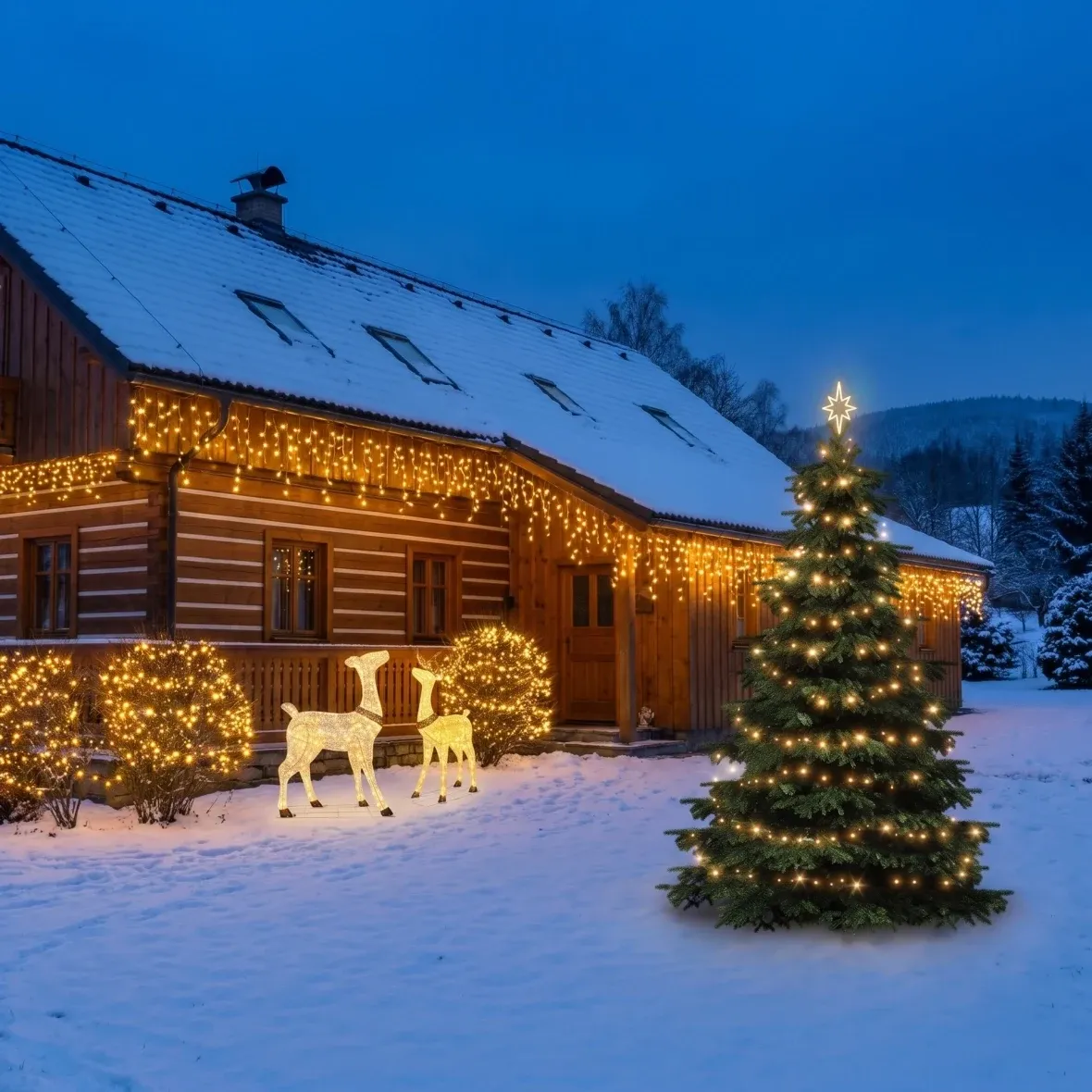 Karácsonyi díszkészlet szállodák számára: homlokzat, cserjék és fa, 3–5 m-es fa, 4 db 3 m-es jégcsap, 3 db 20 m-es fényfüzér, 150 cm-es 3D-s LED szarvas és szarvastehén, meleg fehér