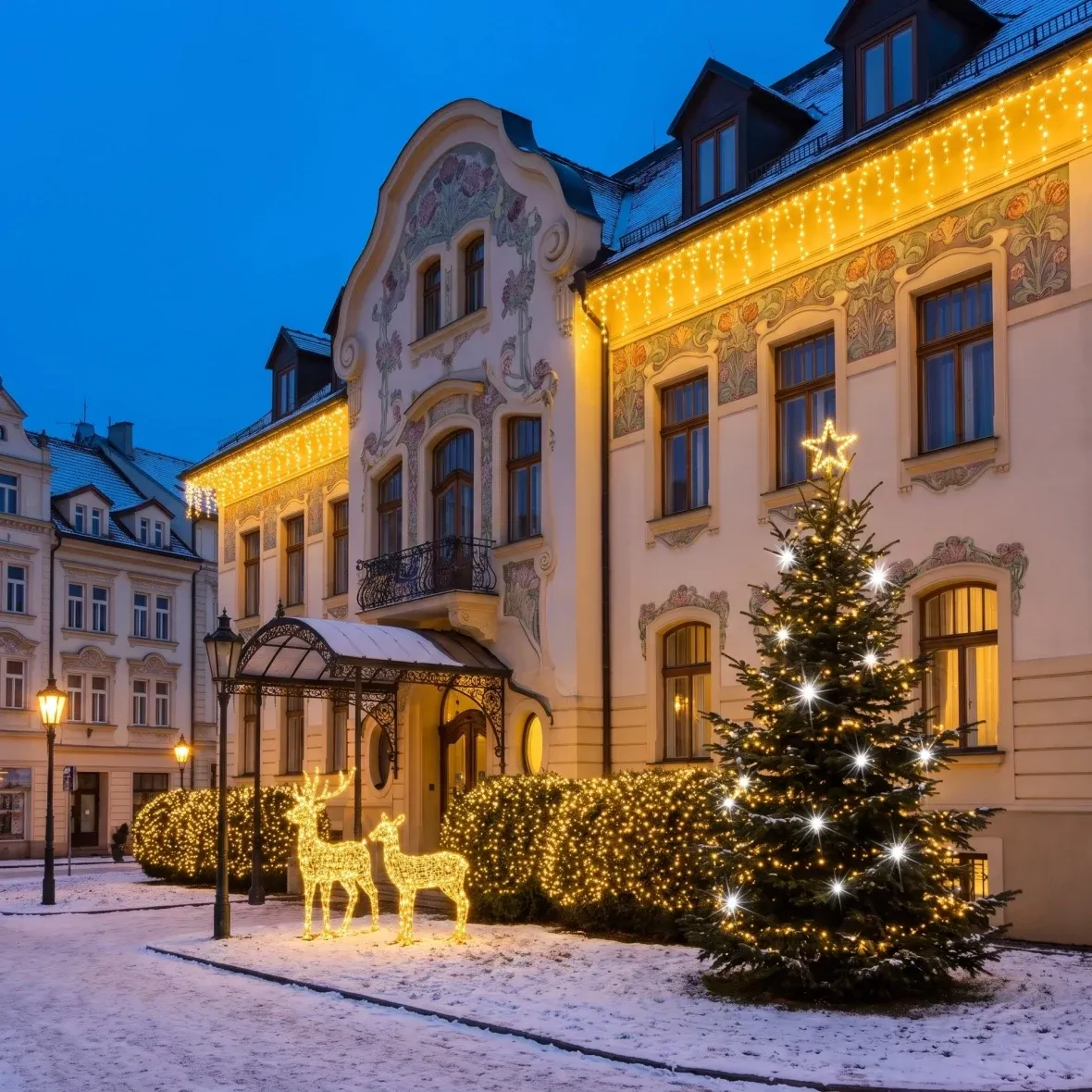 Karácsonyi szett szállodák számára: Csillogó homlokzat karácsonyfával, 3–5 m-es „Flash” karácsonyfa, 150 cm-es 3D LED szarvasbika és szarvastehén, meleg fehér színben, „Flash” effektussal