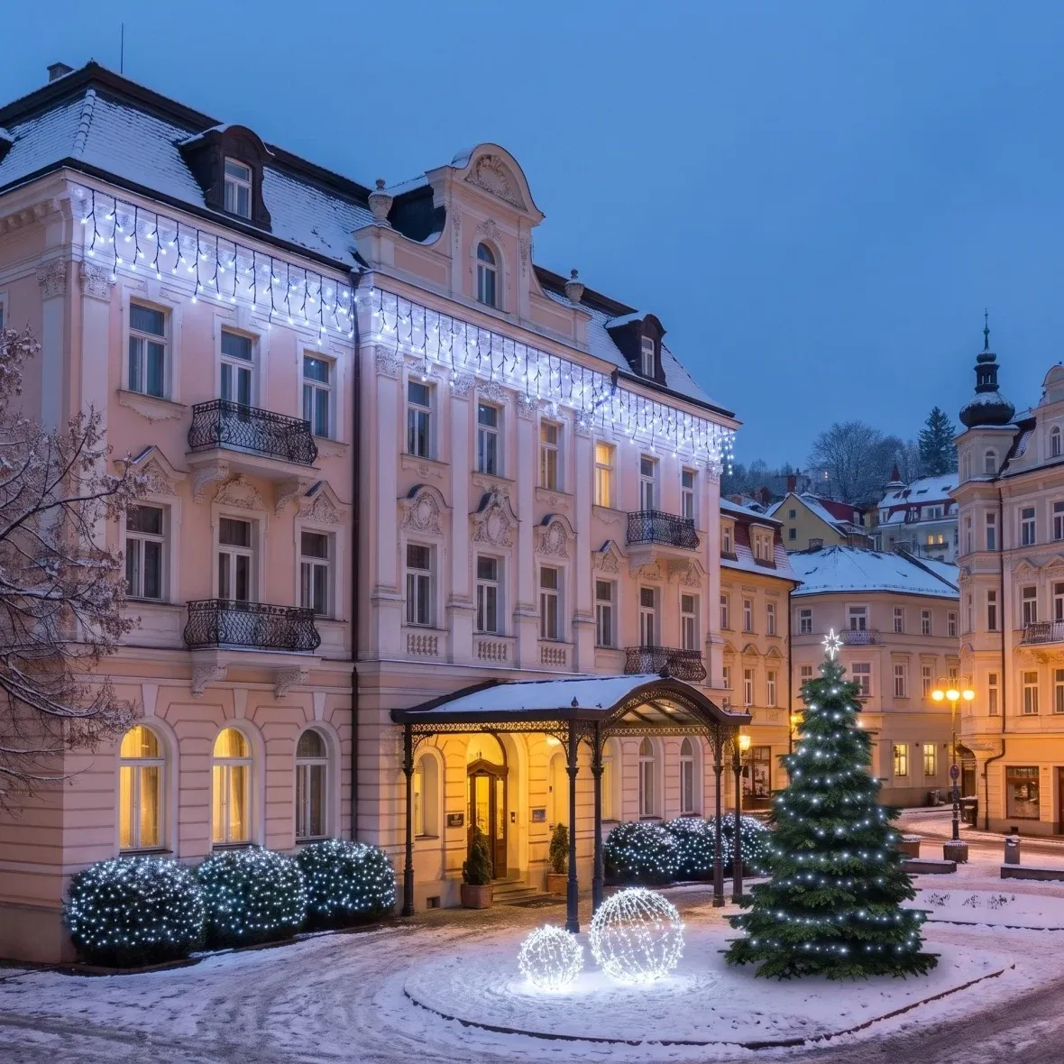Karácsonyi szett szállodák számára: jéghomlokzat karácsonyfával, 3–5 m-es karácsonyfa, 6 db 3 m-es jégcsap, 5 db 20 m-es fényfüzér, 3D LED-gömb Ø 60 cm, 3D LED-gömb Ø 80 cm, jégfehér