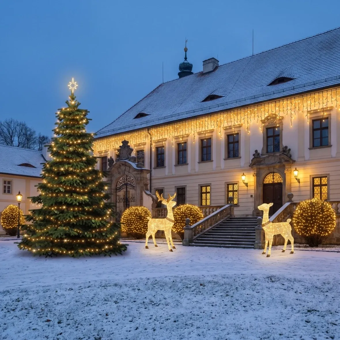Karácsonyi díszkészlet szállodák számára: Nagy homlokzat, 6–8 m-es fa, 11 db 3 m-es jégcsap, 4 db 20 m-es fényfüzér, 150 cm-es 3D-s LED szarvasbika és szarvastehén, meleg fehér