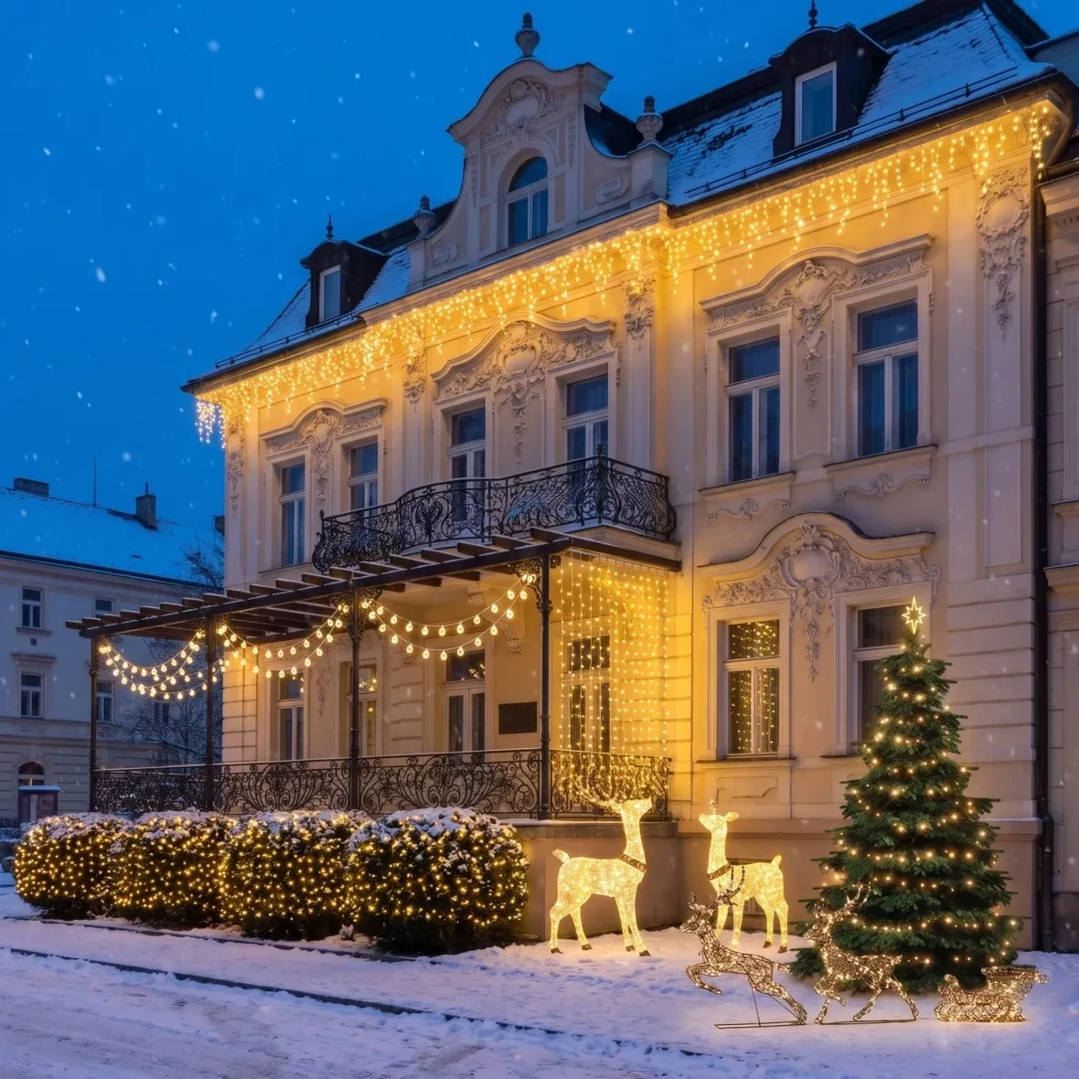 Karácsonyi szett szállodák számára: Kert és bejárat, 3–5 m-es fa, 5 db 3 m-es jégcsap, 150 cm-es 3D LED szarvas és szarvastehén, 180 cm-es 3D LED szarvasok szánnal, meleg fehér