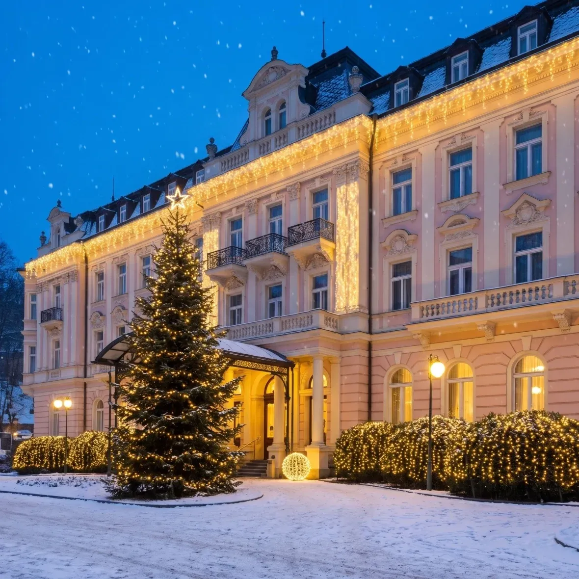 Karácsonyi készlet Resort szállodák számára, 6–8 m-es fa, 20 db 3 m-es jégcsap, 7 db 20 m-es fényfüzér, 1 db 8 m-es függöny, 3D LED-gömb Ø 60 cm, meleg fehér