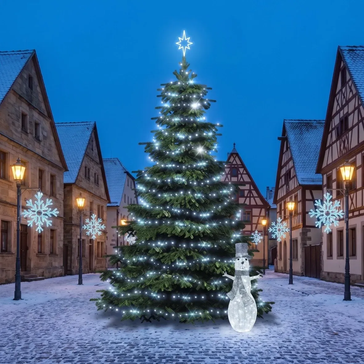 Karácsonyi készlet önkormányzatok számára: „Jégpehely X”, 6–8 m-es „Flash” karácsonyfa, 8 db „X” pehely a közvilágításhoz, 107 cm-es 3D LED hóember, jégfehér
