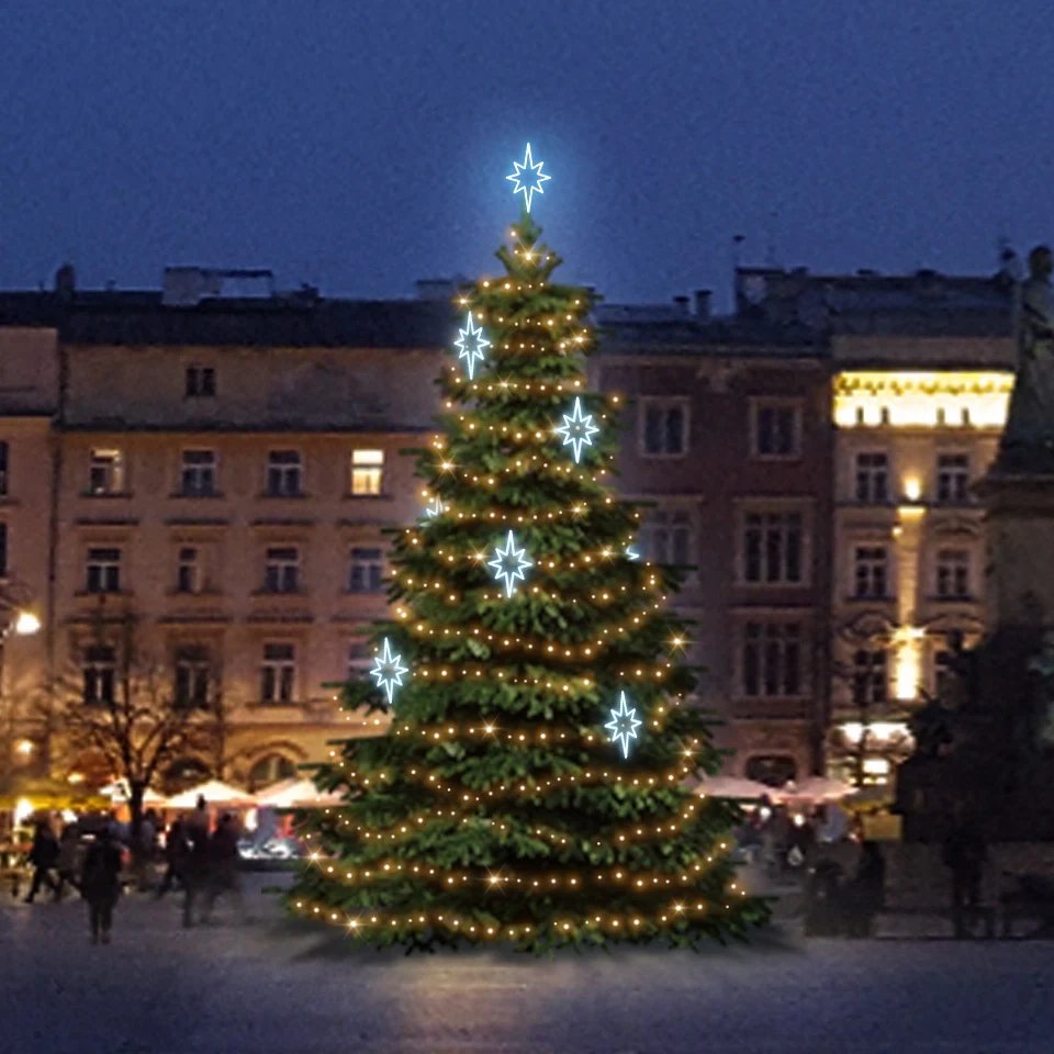 LED fényszett 9-11 m magas karácsonyfához, meleg fehér, jeges fehér dekorációval DZ141S3