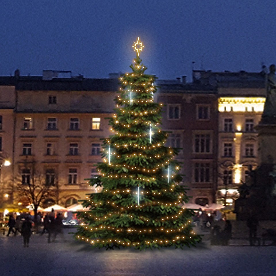 LED fényszett 9-11 m magas karácsonyfákhoz, meleg fehér, hóeséses hóval